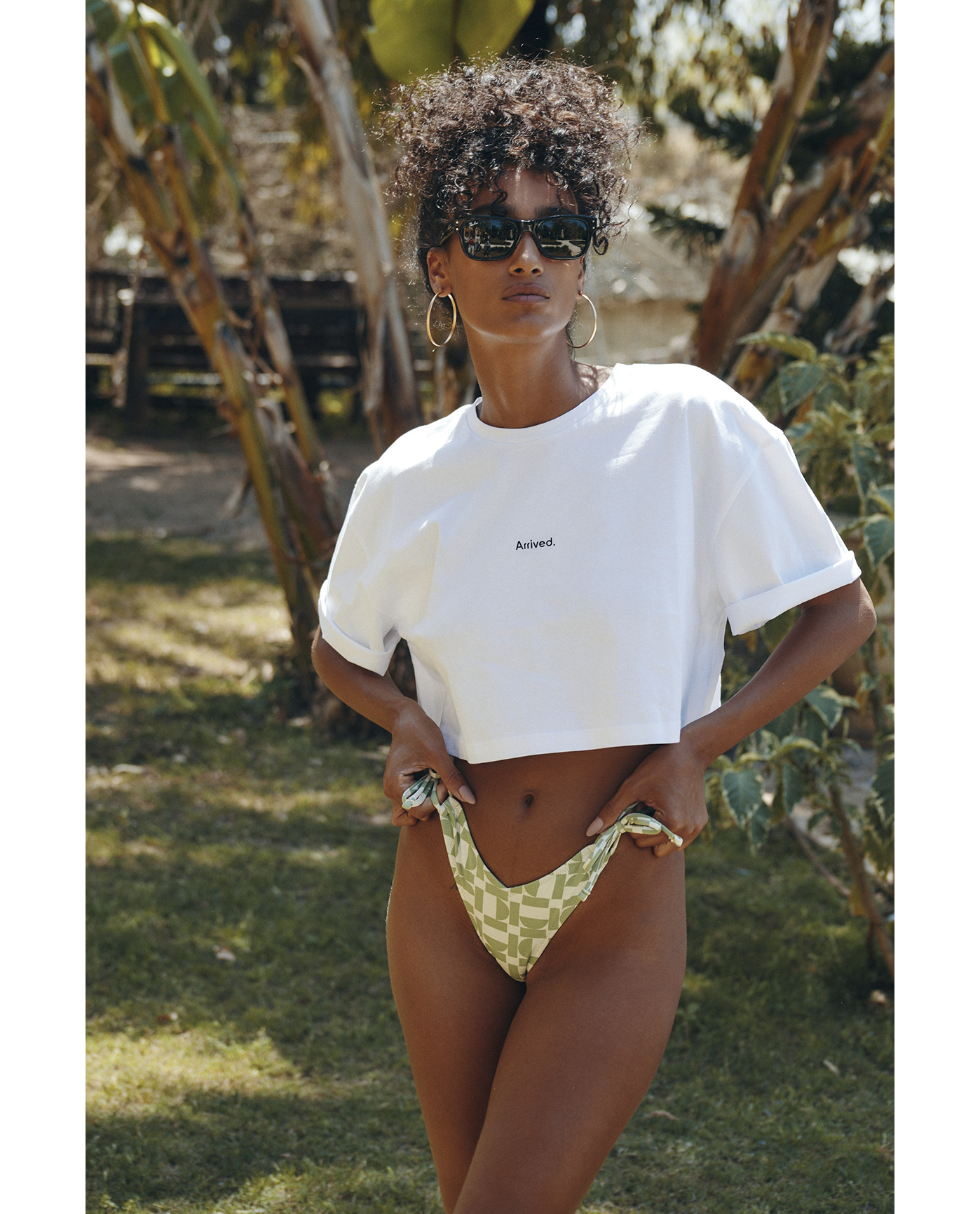 Front View Of Beach Life Airport Cropped Cotton Graphic T-Shirt | white