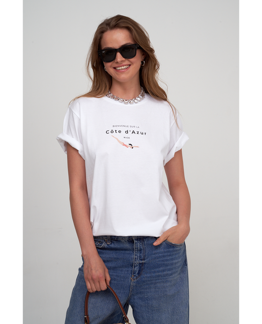 Front View Of Beach Life Airport Cotton Graphic T-Shirt | black - white