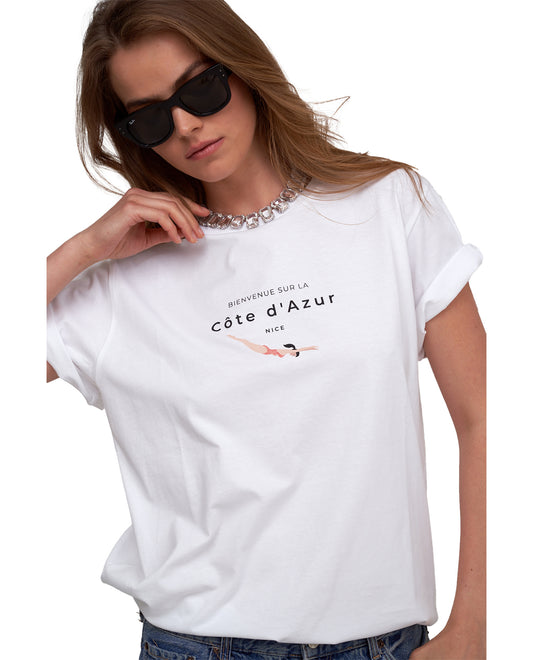 Front View Of Beach Life Airport Cotton Graphic T-Shirt | black - white
