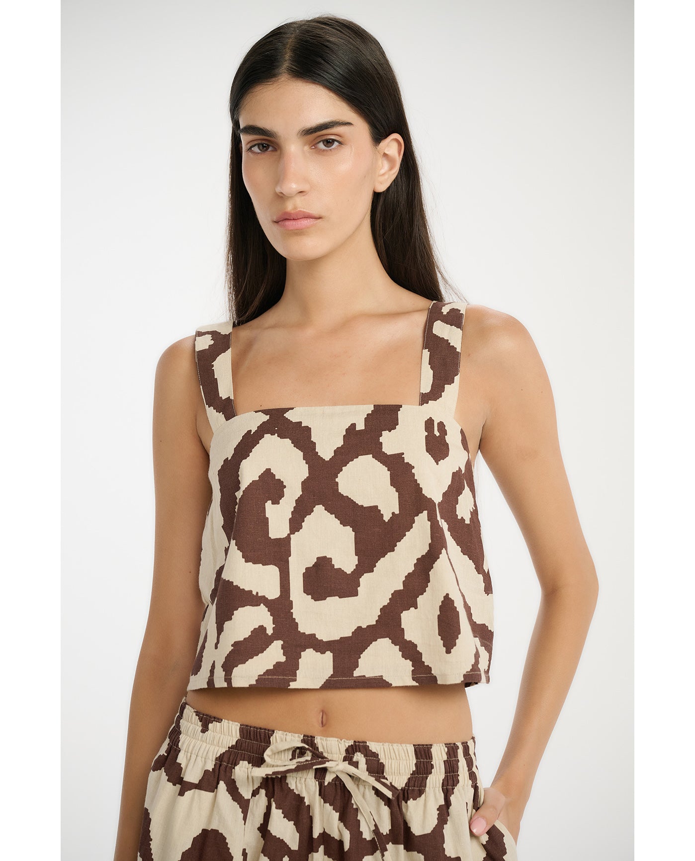 Resort Geo Drift Square Neck Crop Top Cover-Up-Cream-Brown