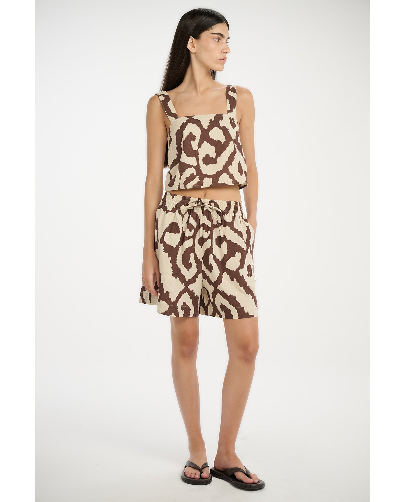 Resort Geo Drift Square Neck Crop Top Cover-Up-Cream-Brown