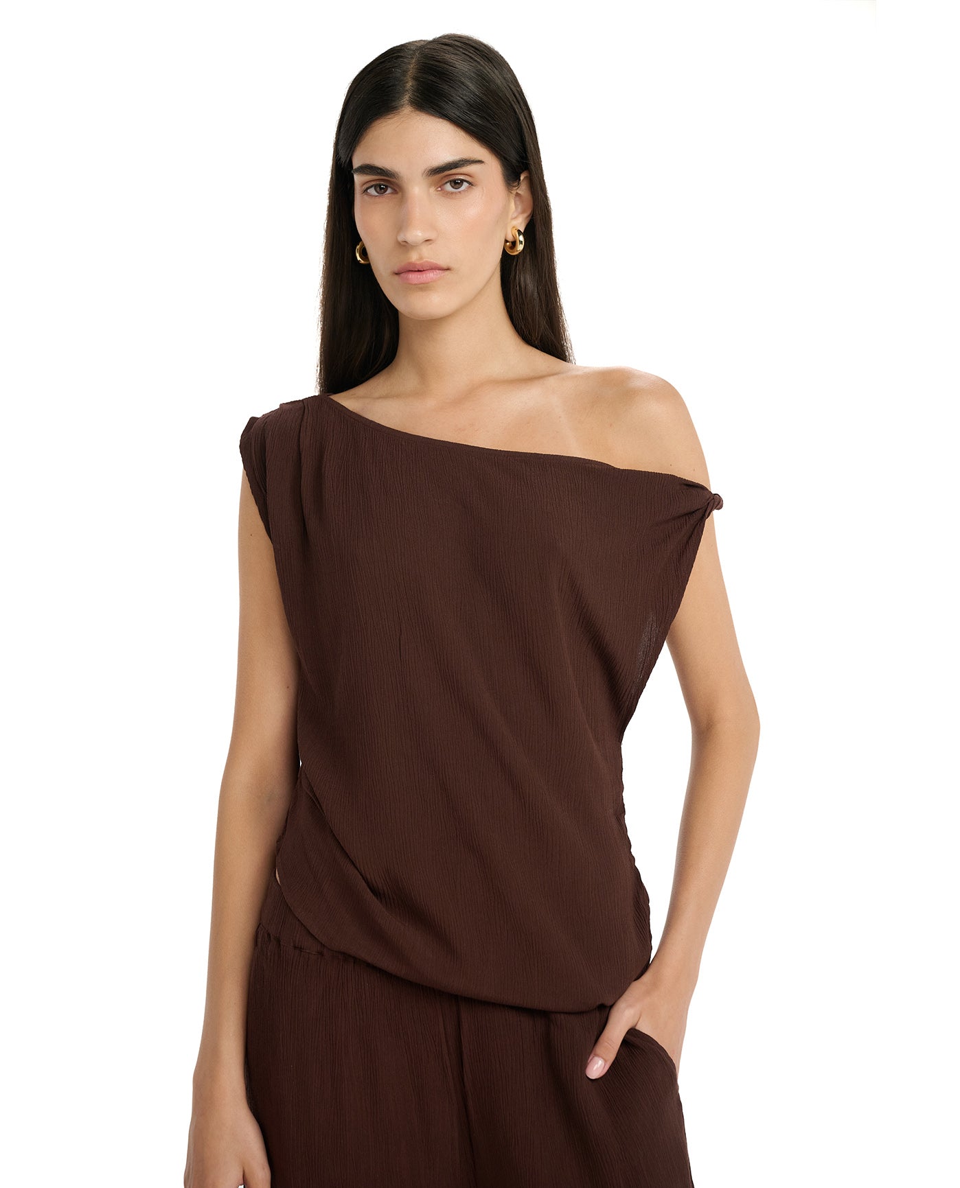 Resort One Shoulder Twist Top Cover-Up-Brown