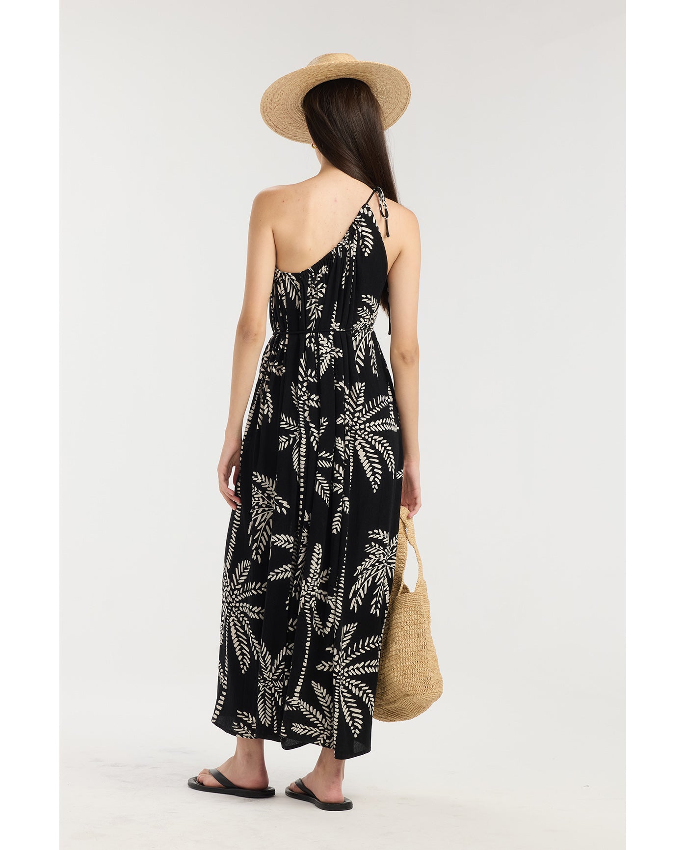 Resort Palm One Shoulder Maxi Dress Cover-Up-Black-Cream