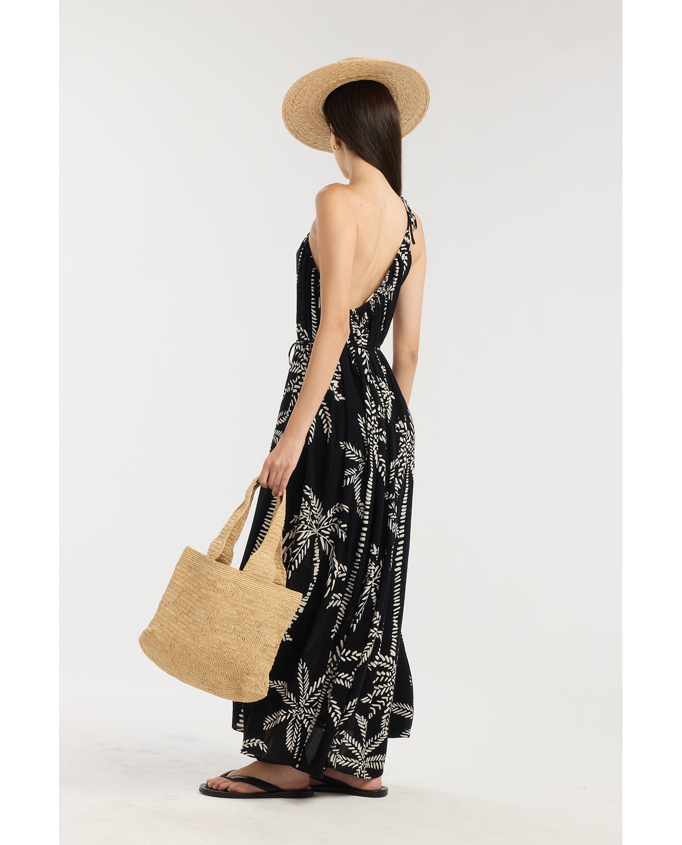 Resort Palm One Shoulder Maxi Dress Cover-Up-Black-Cream