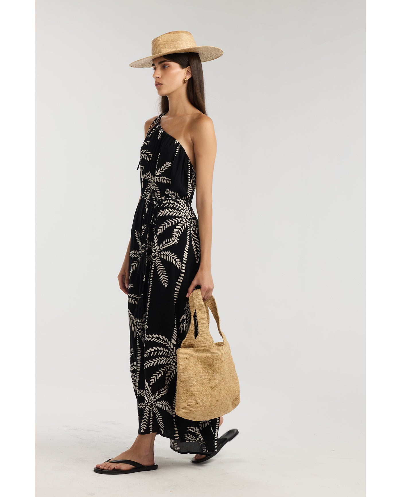 Resort Palm One Shoulder Maxi Dress Cover-Up-Black-Cream