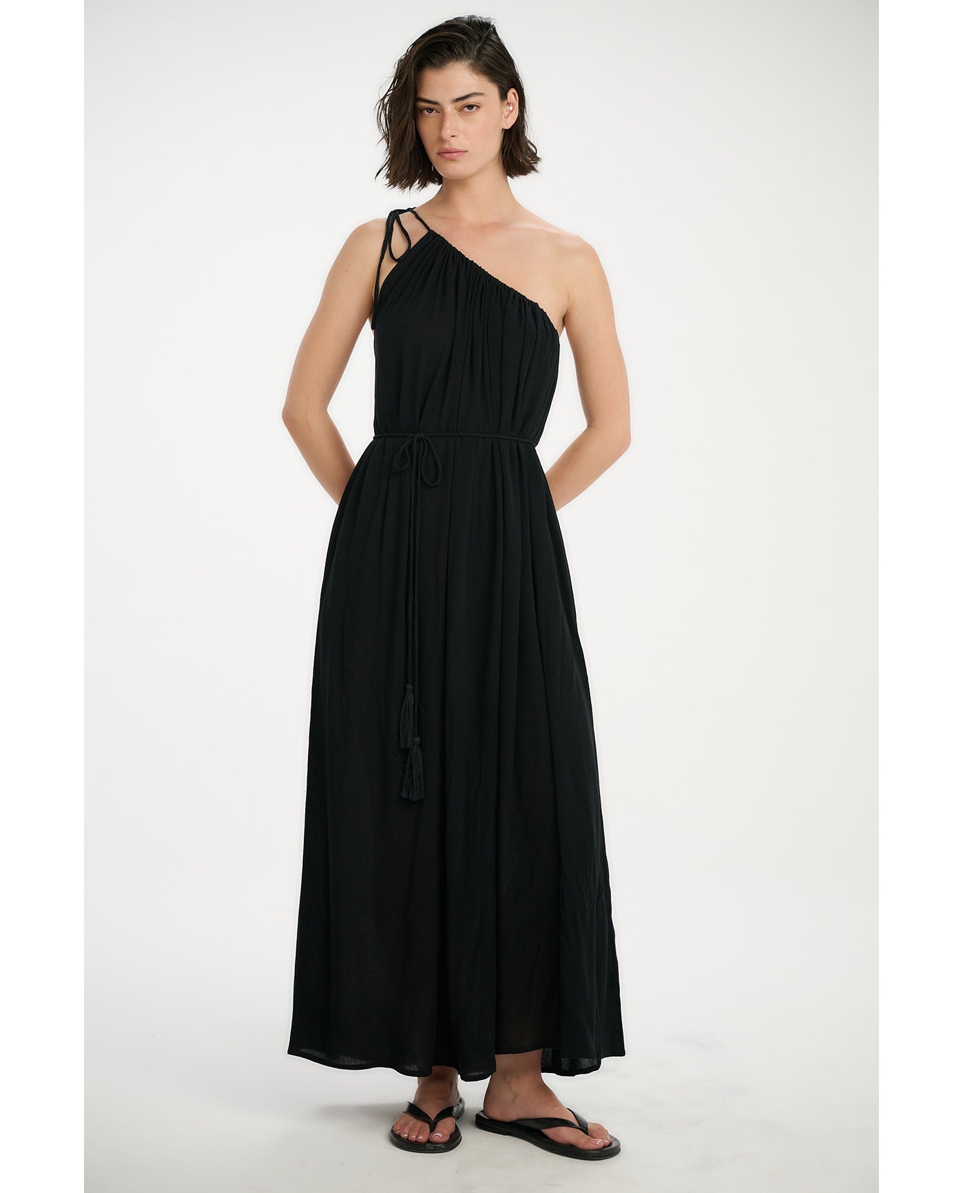 black one shoulder maxi dress Grand Beauty Ruffled One-Shoulder Mermaid The button placket on the side and tie straps on the back add a chic touch while ensuring a comfortable Wedding Guest Dress / High