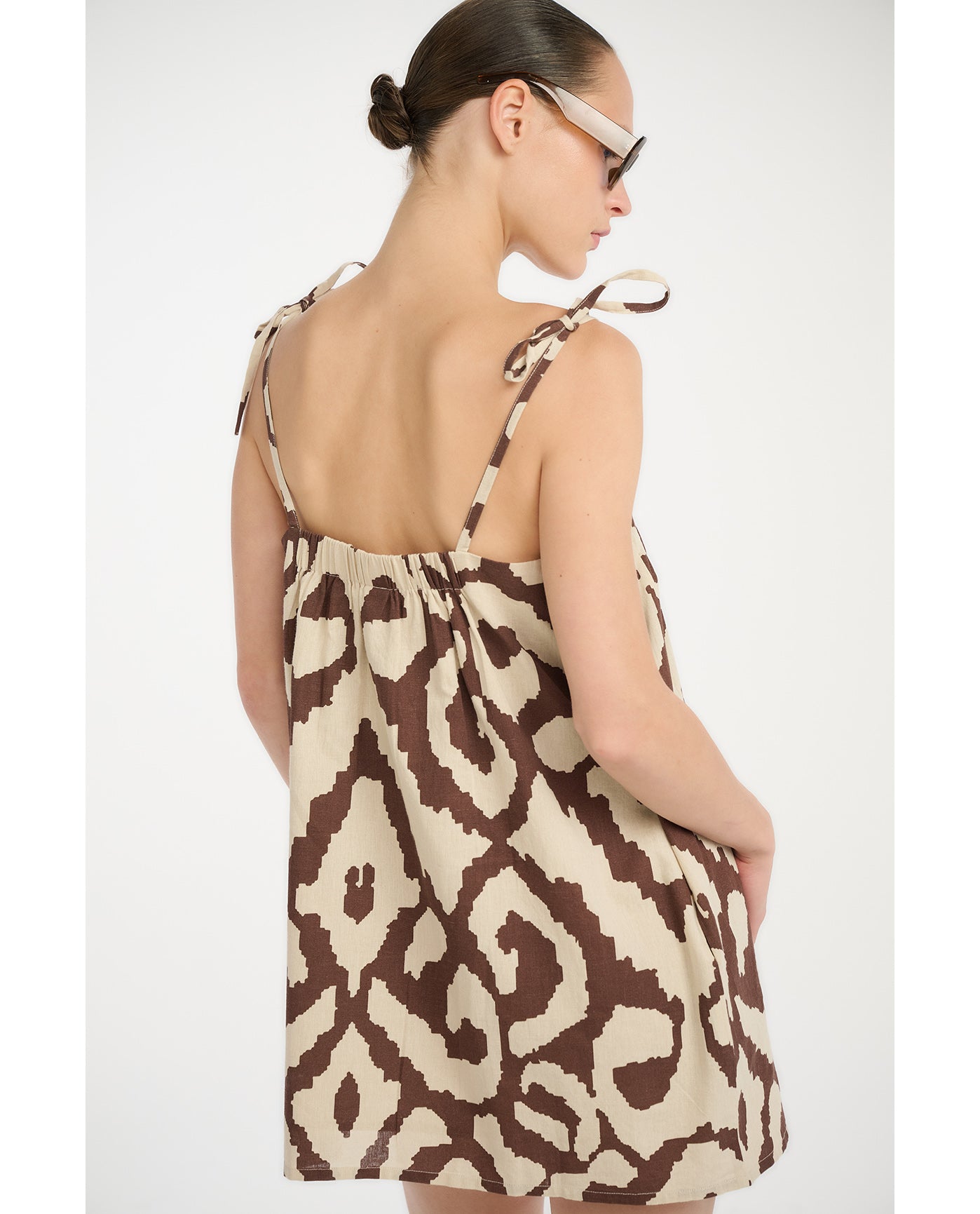 Resort Geo Drift Square Neck Mini Dress Cover-Up-Cream Brown