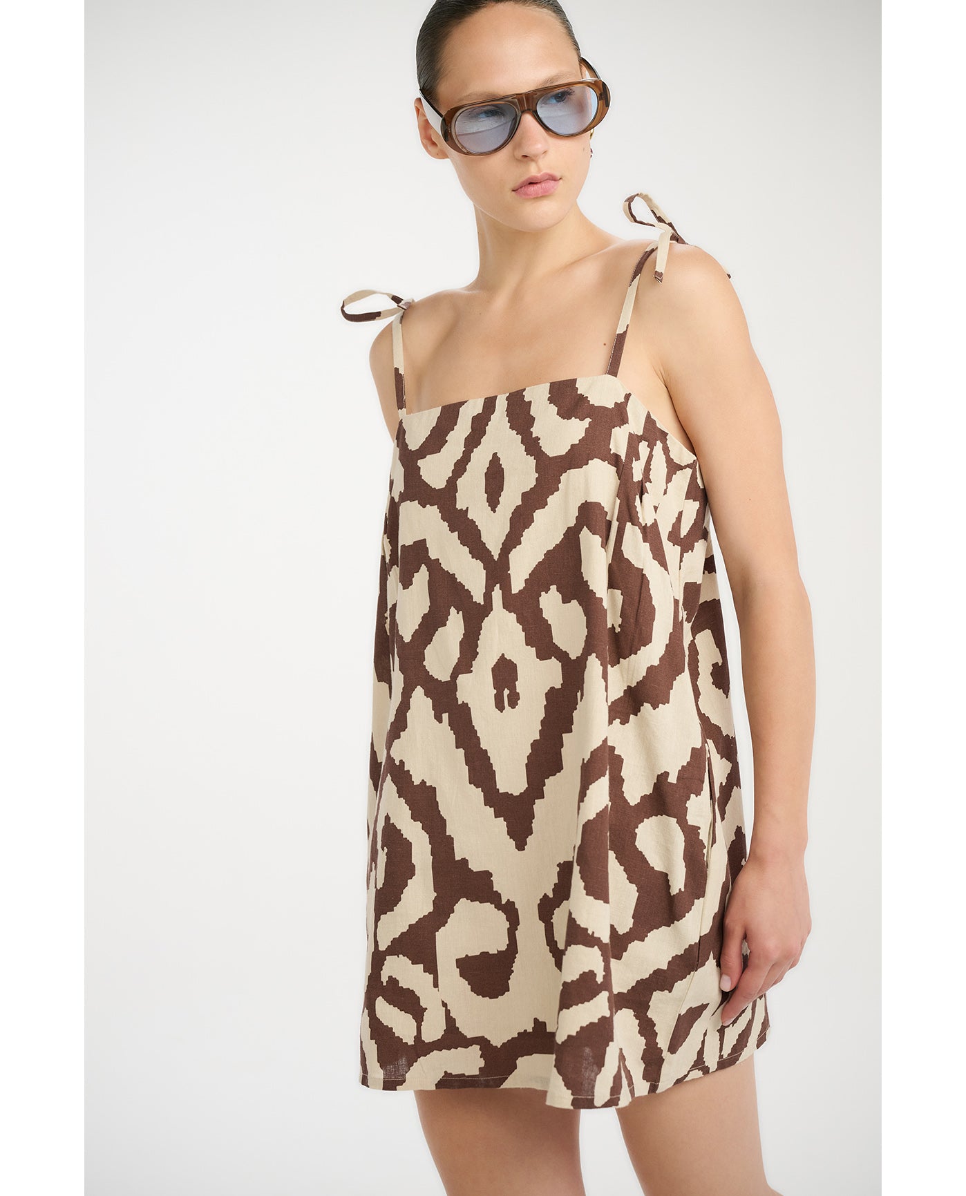 Resort Geo Drift Square Neck Mini Dress Cover-Up-Cream Brown