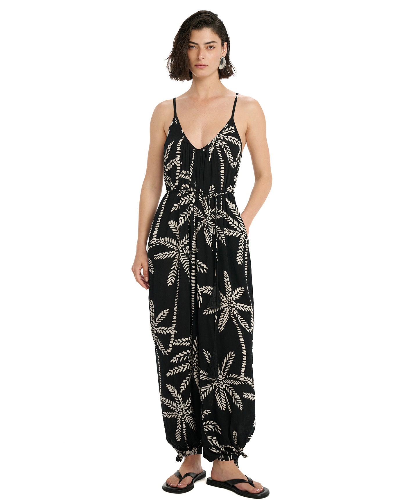 Resort Palm Balloon Pant Jumpsuit Cover-Up-Black-Cream