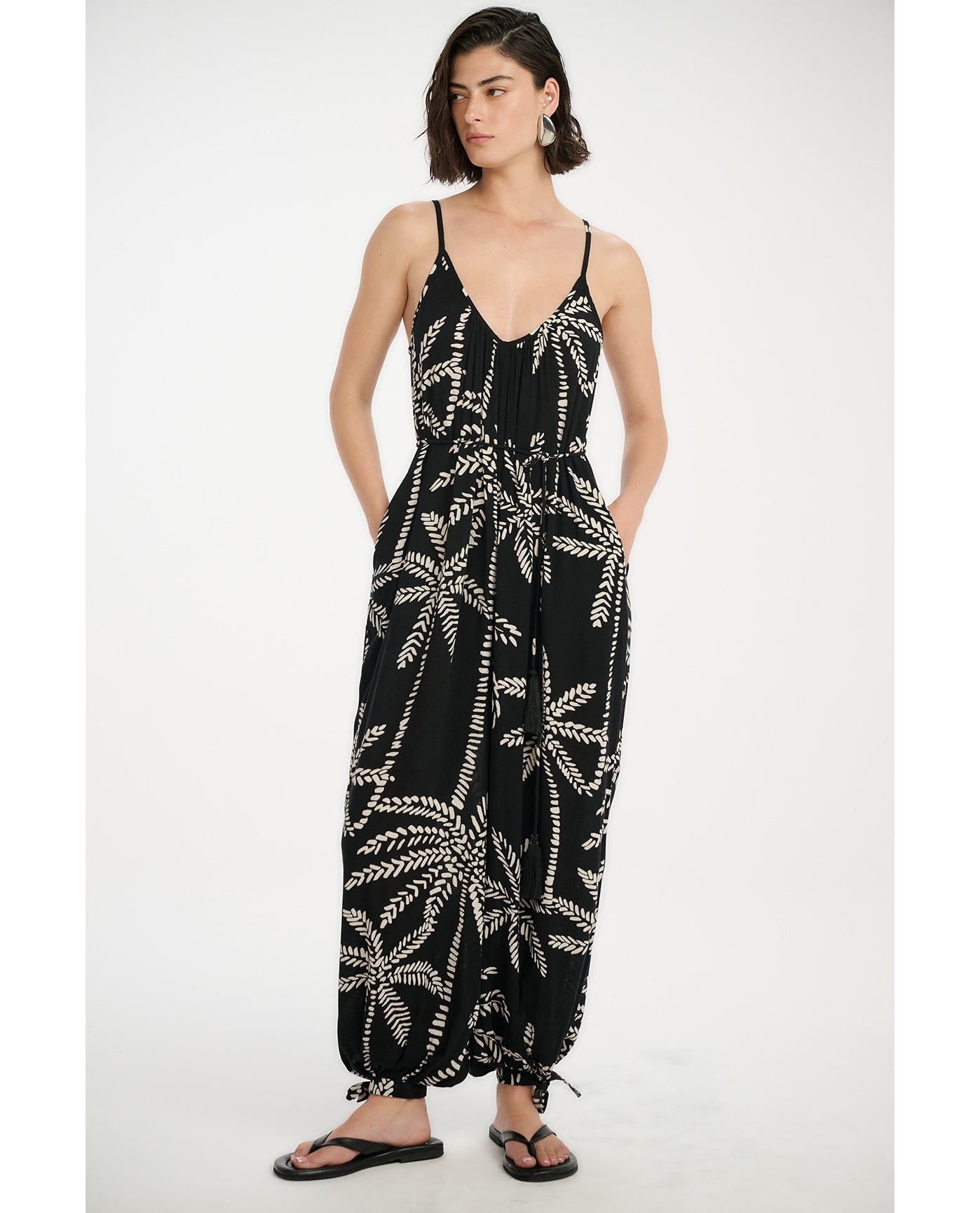 Resort Palm Balloon Pant Jumpsuit Cover-Up-Black-Cream
