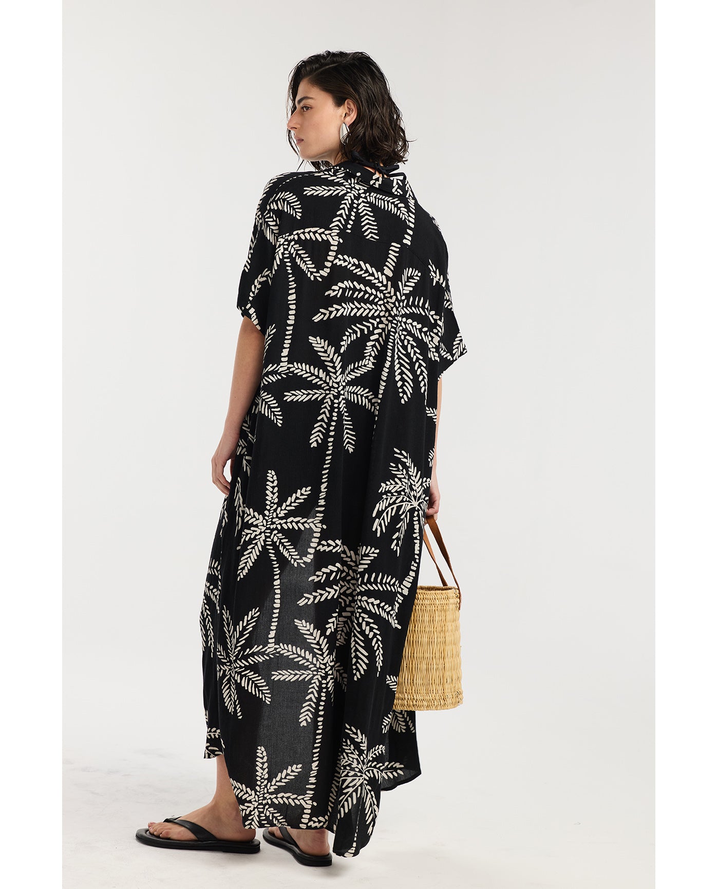 Resort Palm Maxi Shirt Dress Cover-Up-Black-Cream