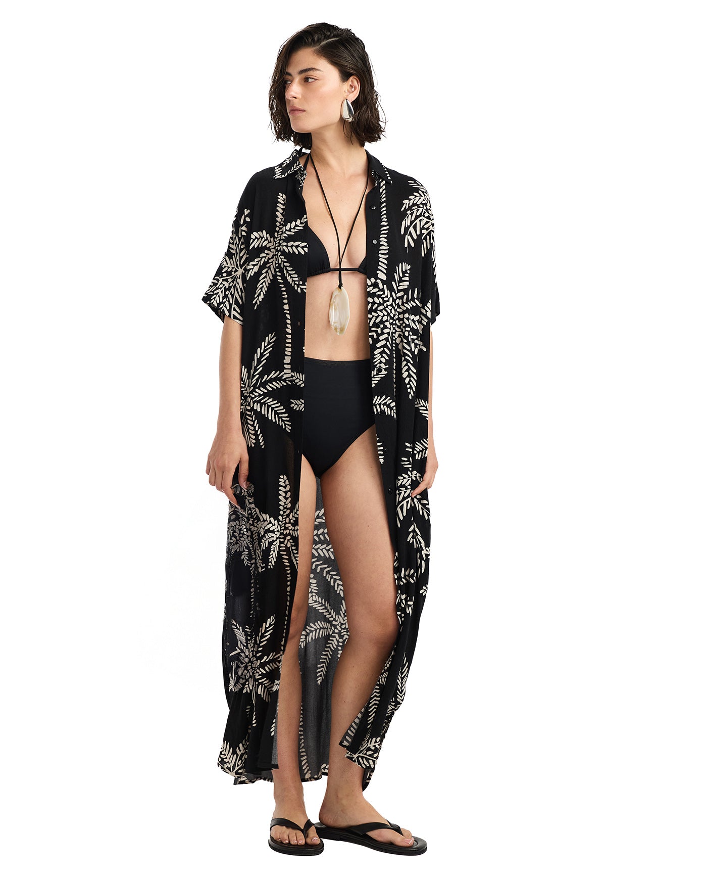 Resort Palm Maxi Shirt Dress Cover-Up-Black-Cream