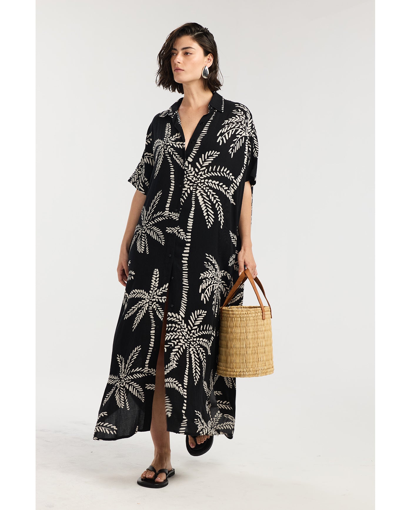 Resort Palm Maxi Shirt Dress Cover-Up-Black-Cream