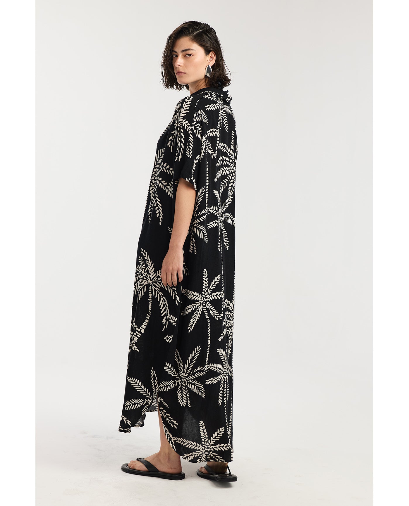 Resort Palm Maxi Shirt Dress Cover-Up-Black-Cream