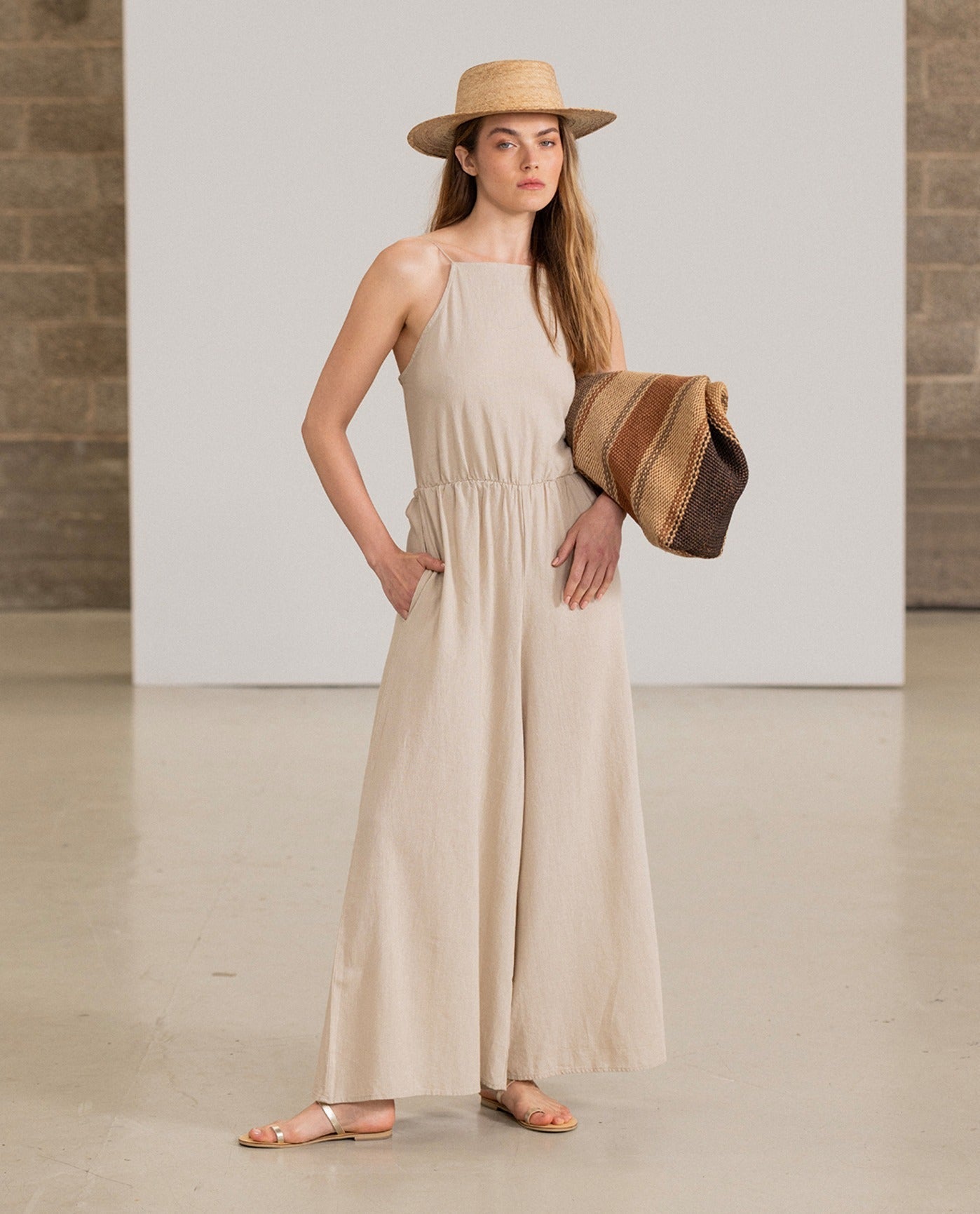 Resort Swim Cover-Up Open Back Jumpsuit-Natural