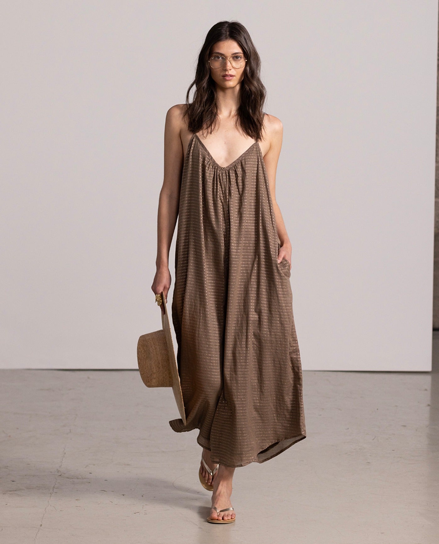Front View Of Gottex Beach Life Long Cover Up Jumpsuit | GOTTEX BEACH LIFE KHAKI