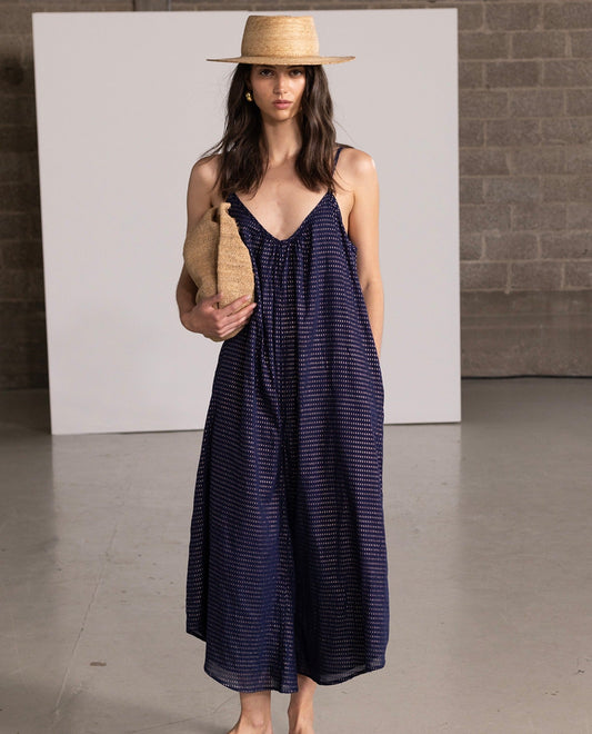 Front View Of Gottex Beach Life Long Cover Up Jumpsuit | GOTTEX BEACH LIFE NAVY