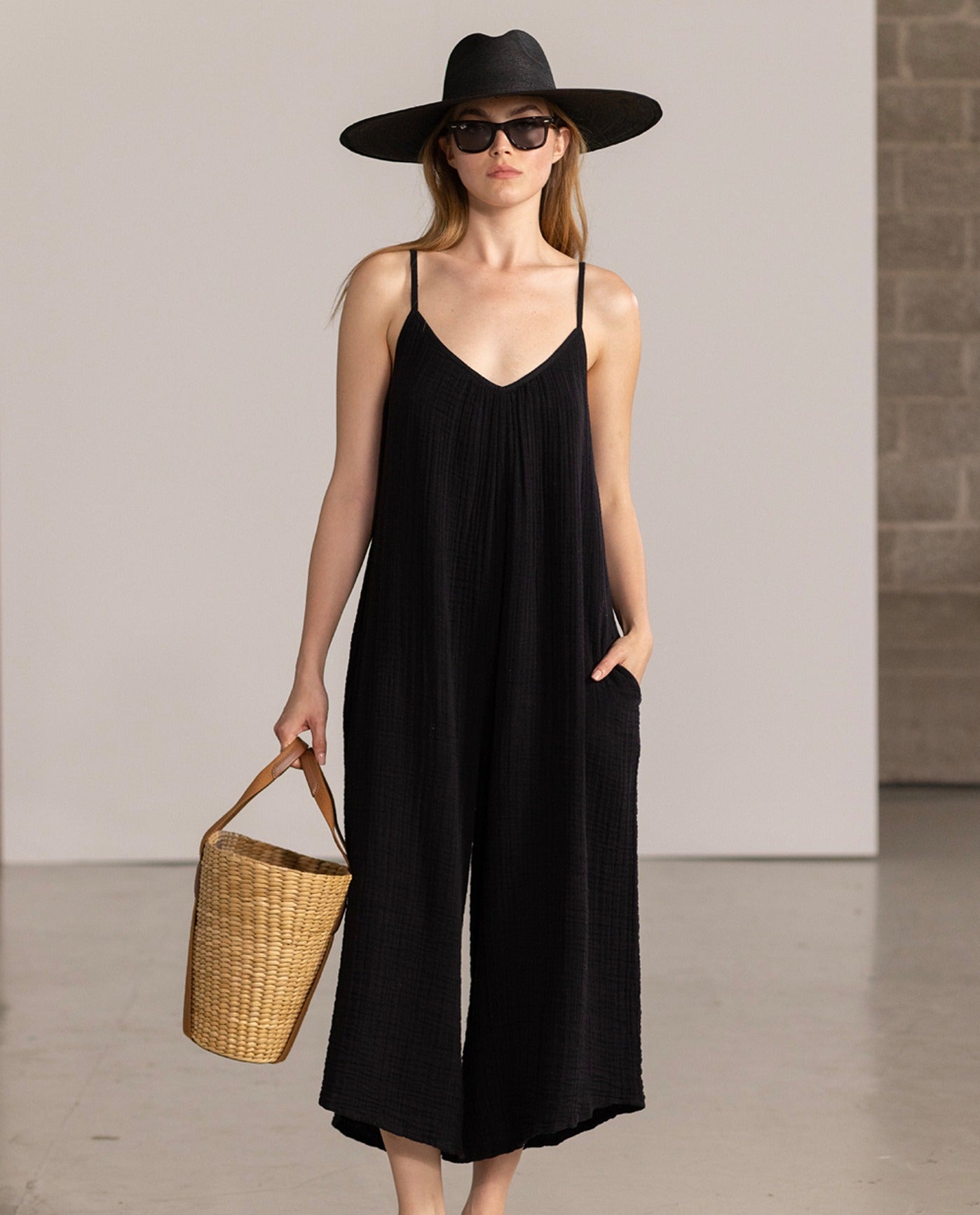 Front View Of Gottex Beach Life Long Cover Up Jumpsuit | Black
