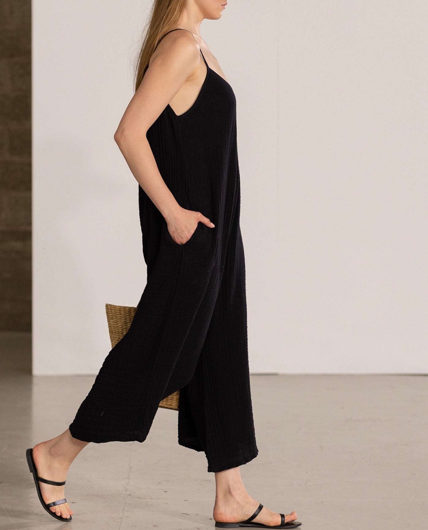 Side View Of Gottex Beach Life Long Cover Up Jumpsuit | Black