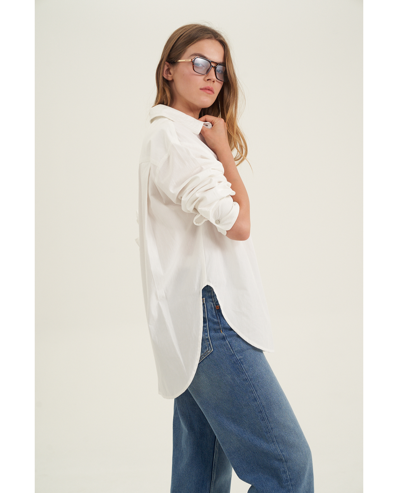 Side View Of Oversized Cotton Button-Down Shirt | White
