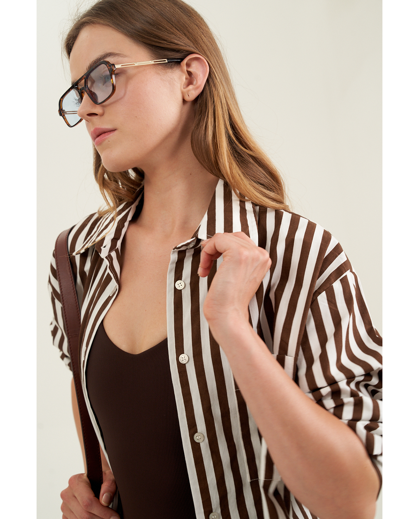 Front View Of Oversized Cotton Button-Down Shirt | dark-brown
