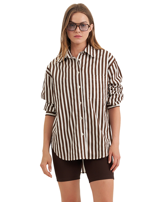 Front View Of Oversized Cotton Button-Down Shirt | dark-brown
