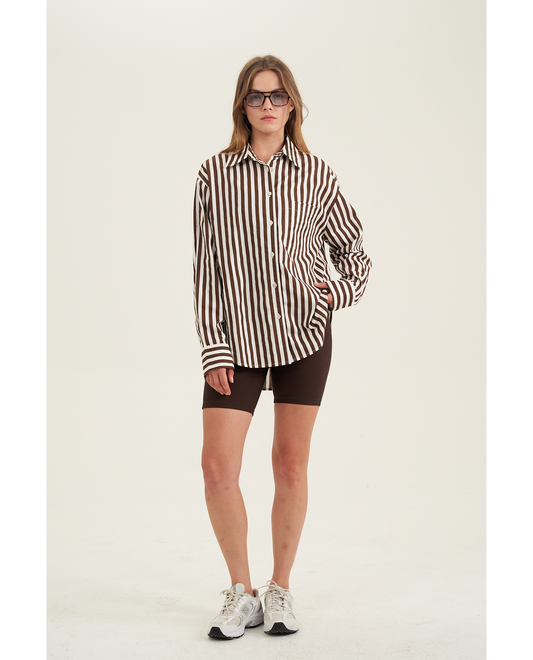 Front View Of Oversized Cotton Button-Down Shirt | dark-brown