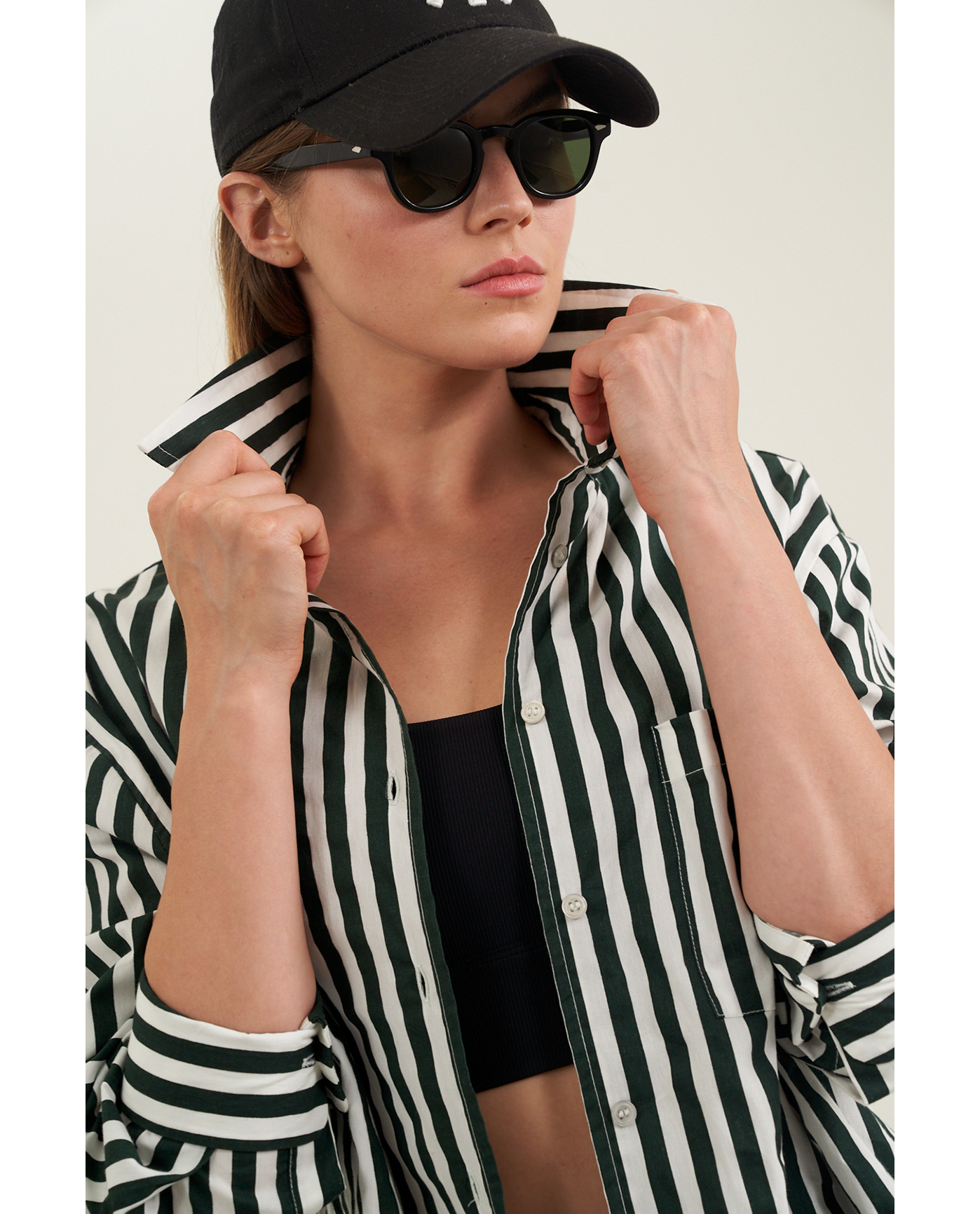 Front View Of Oversized Cotton Button-Down Shirt | dark-green