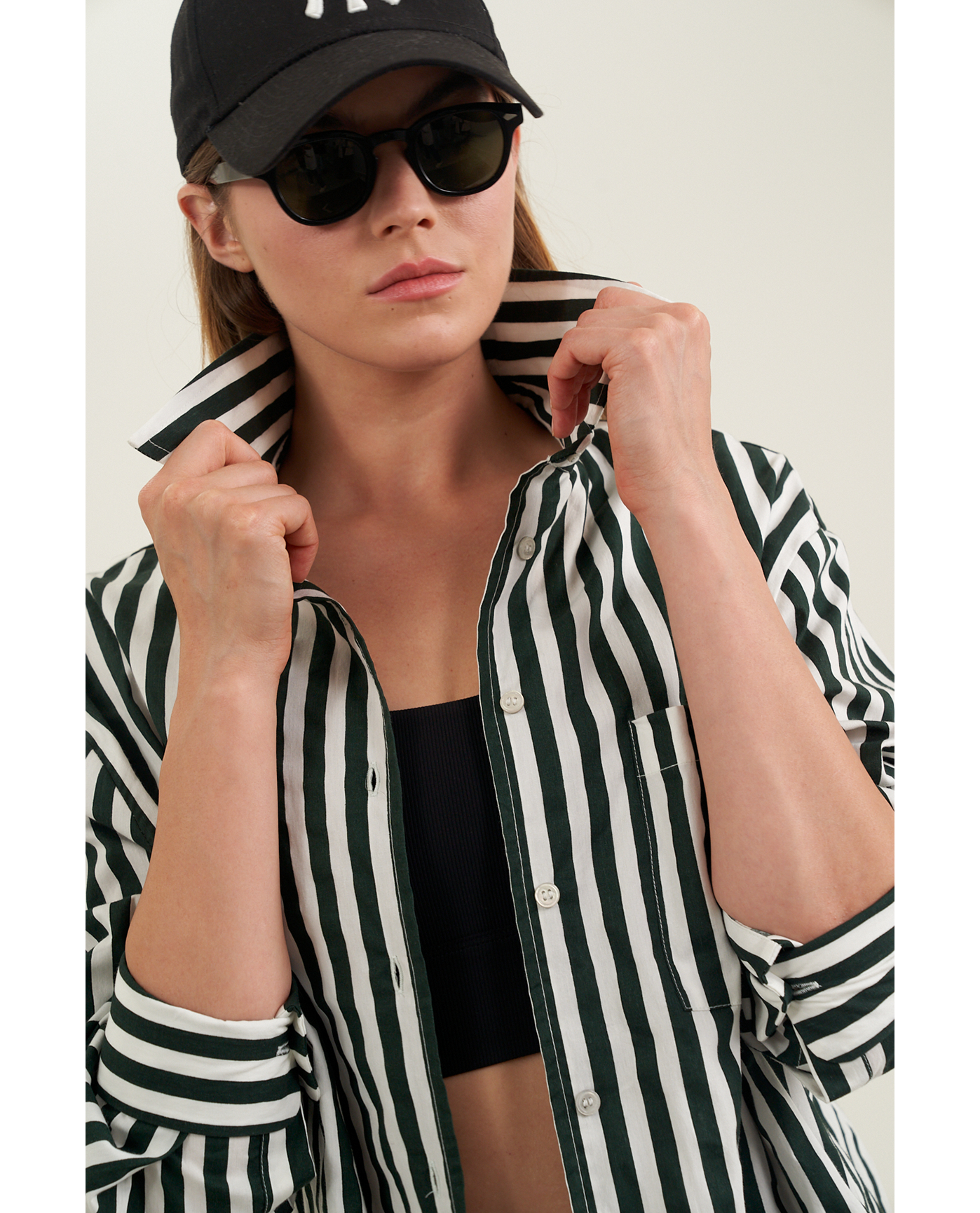 Front View Of Oversized Cotton Button-Down Shirt | dark-green