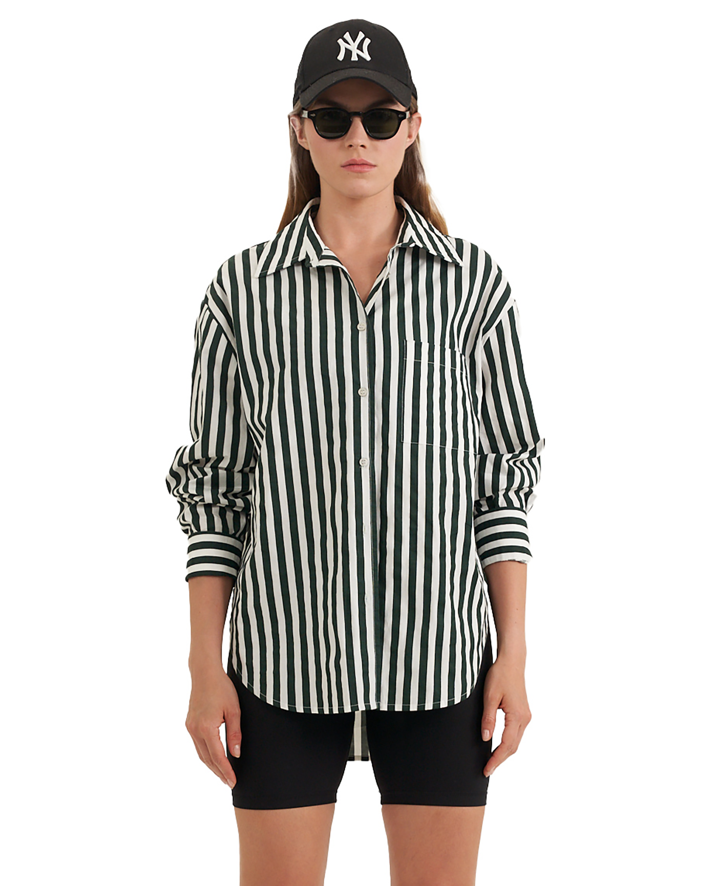 Front View Of Oversized Cotton Button-Down Shirt | dark-green