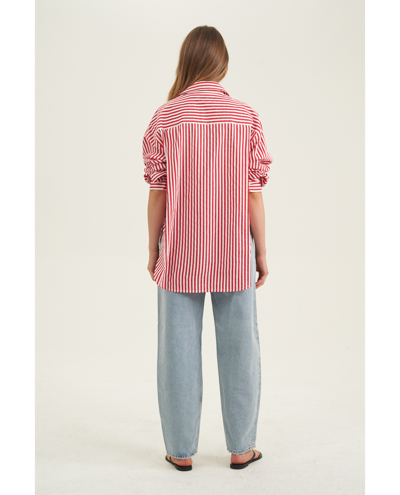 Back View Of Oversized Cotton Button-Down Shirt | red