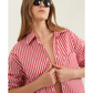 Front View Of Oversized Cotton Button-Down Shirt | red