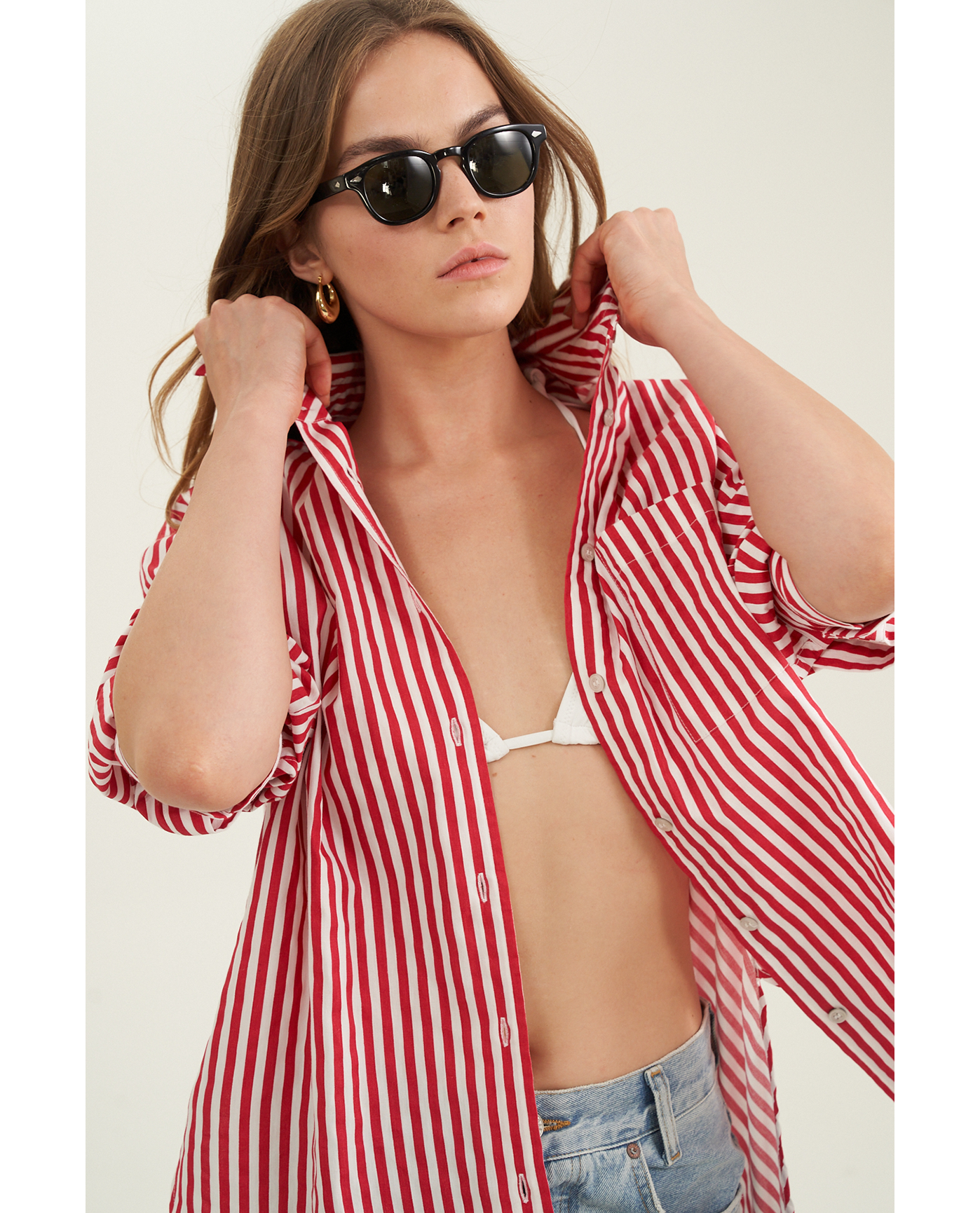 Front View Of Oversized Cotton Button-Down Shirt | red