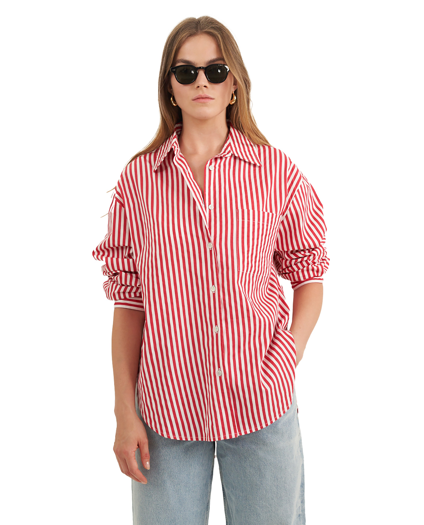 Front View Of Oversized Cotton Button-Down Shirt | red