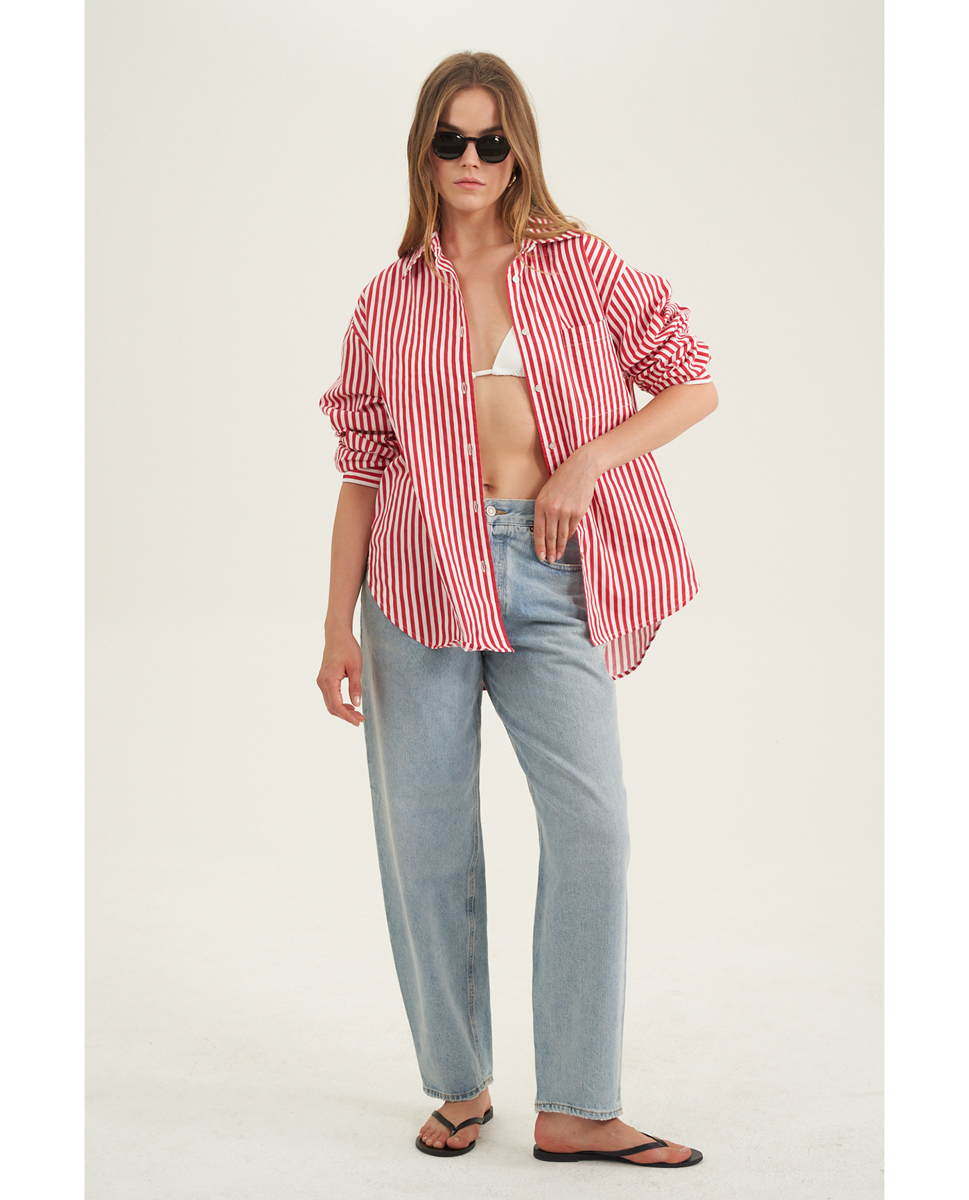 Front View Of Oversized Cotton Button-Down Shirt | red