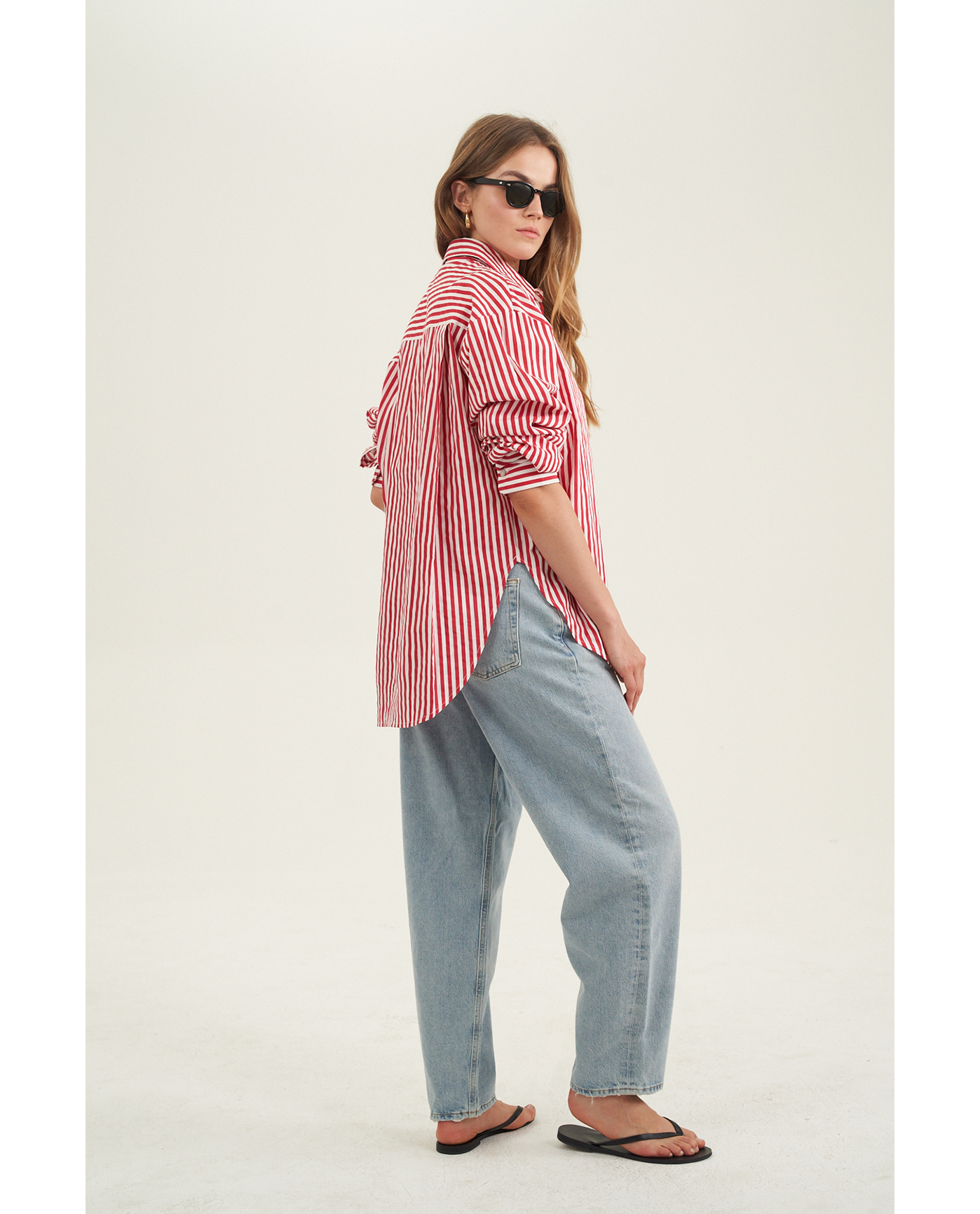 Back View Of Oversized Cotton Button-Down Shirt | red