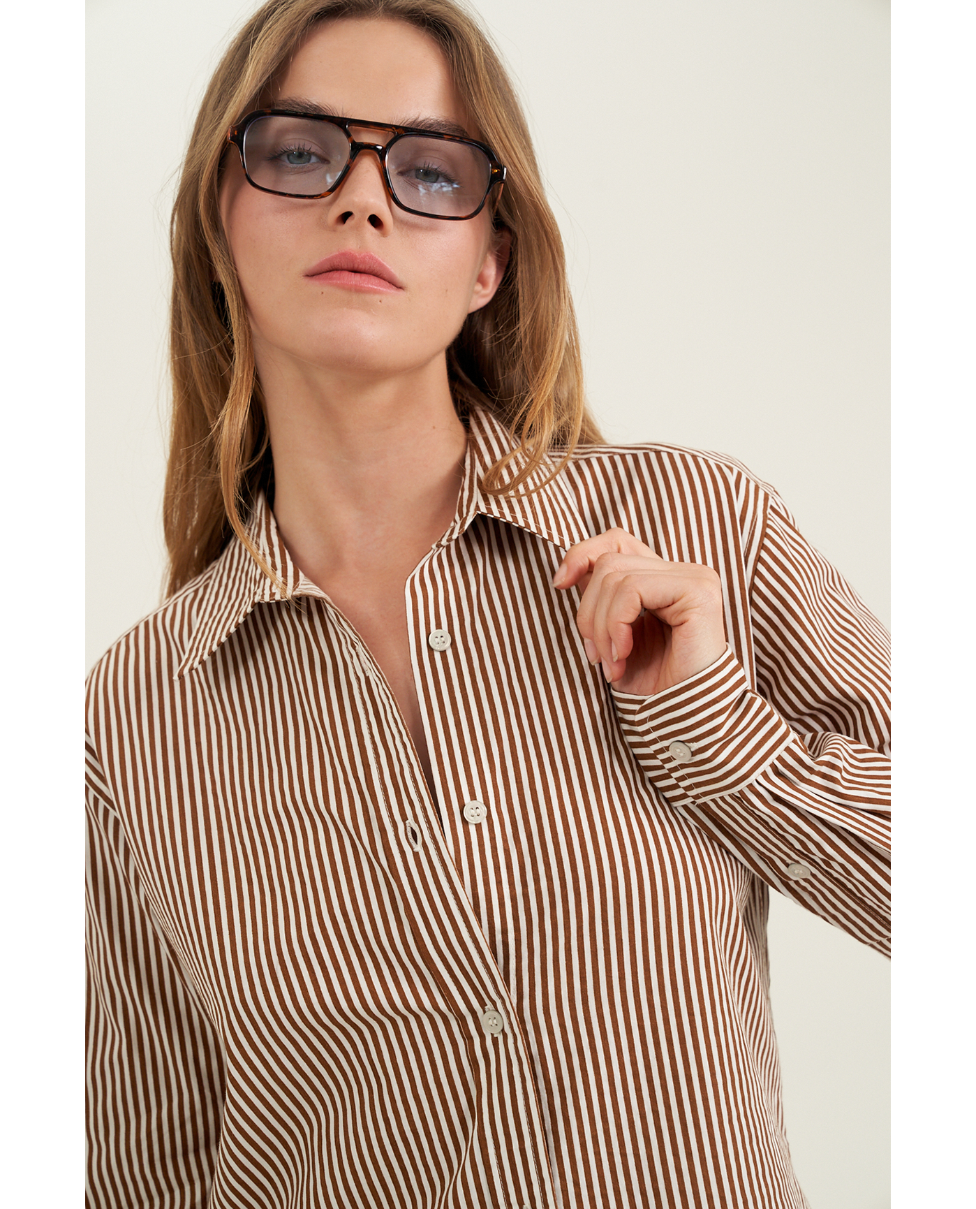 Front View Of Fitted Cotton Button-Down Shirt | Brown
