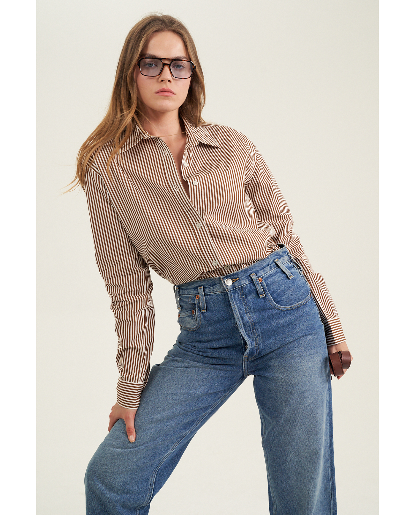 Front View Of Fitted Cotton Button-Down Shirt | Brown
