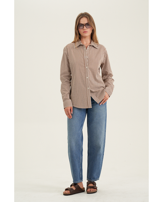 Front View Of Fitted Cotton Button-Down Shirt | Brown
