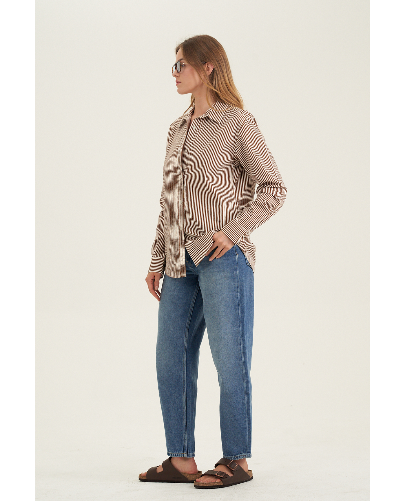 Side View Of Fitted Cotton Button-Down Shirt | Brown
