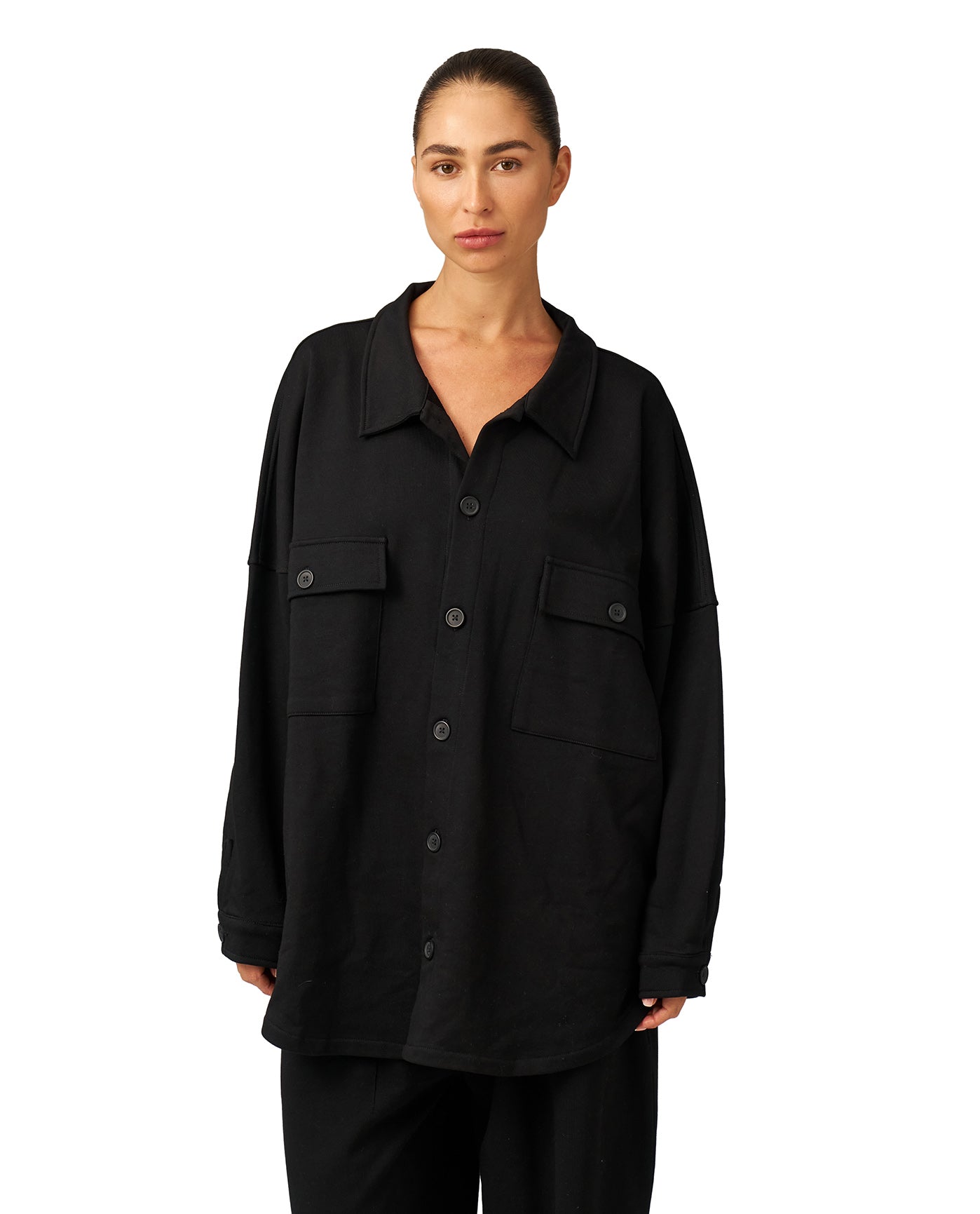 Cozy Coast Airport Button Up Shacket-Black