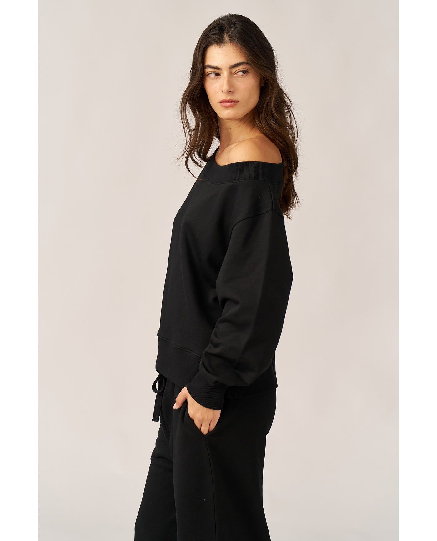 Cozy Coast Airport Off the Shoulder Sweatshirt -Black