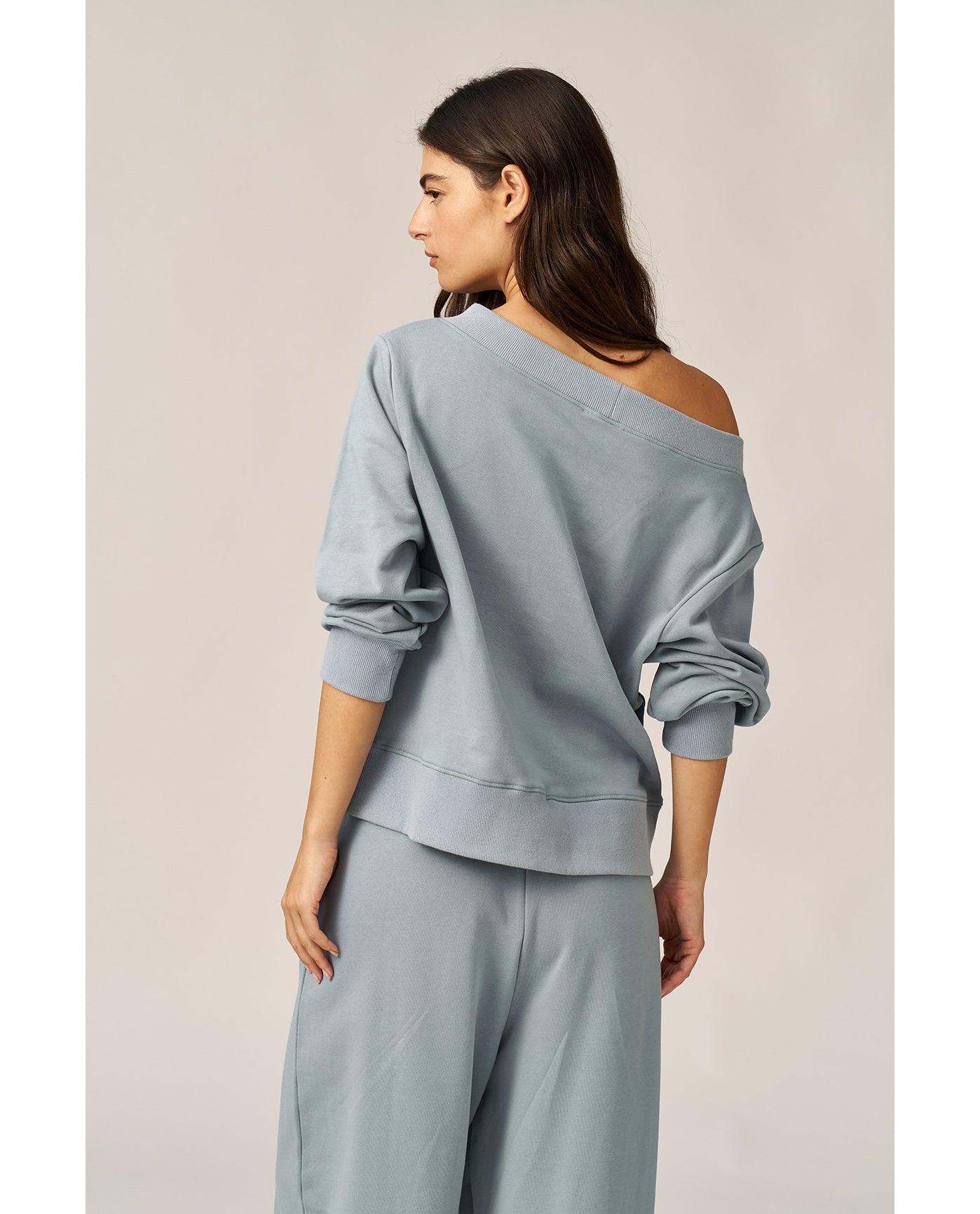 Cozy Coast Airport Off the Shoulder Sweatshirt -Light blue