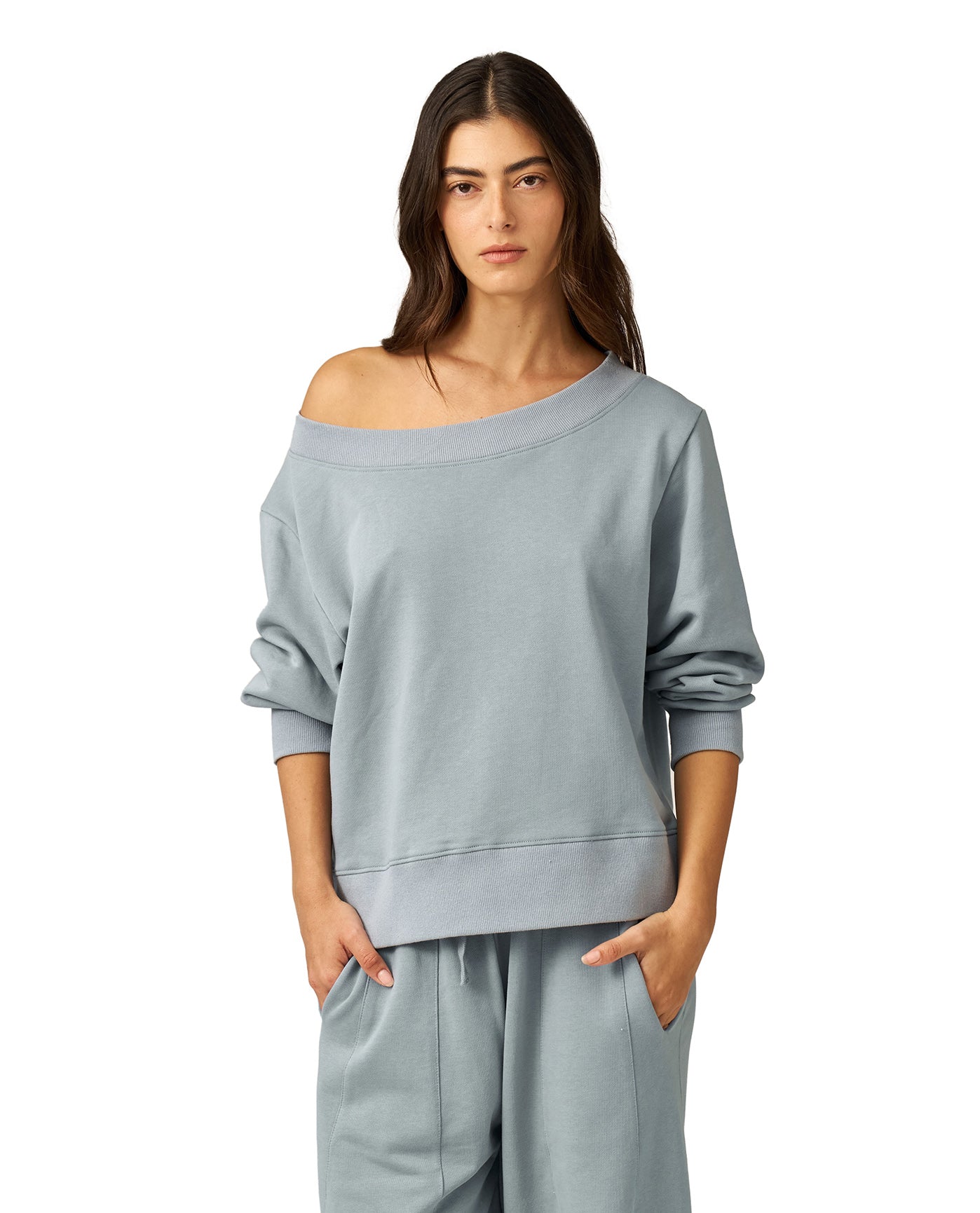 Cozy Coast Airport Off the Shoulder Sweatshirt -Light blue