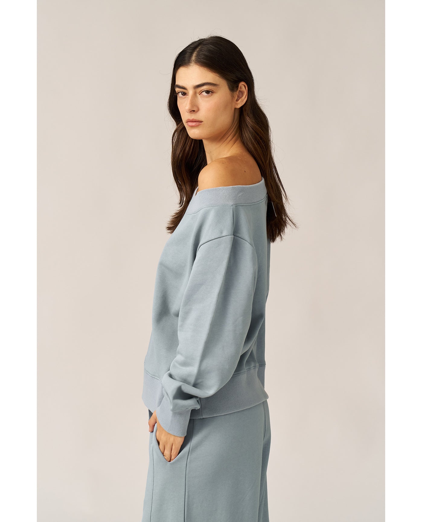 Cozy Coast Airport Off the Shoulder Sweatshirt -Light blue