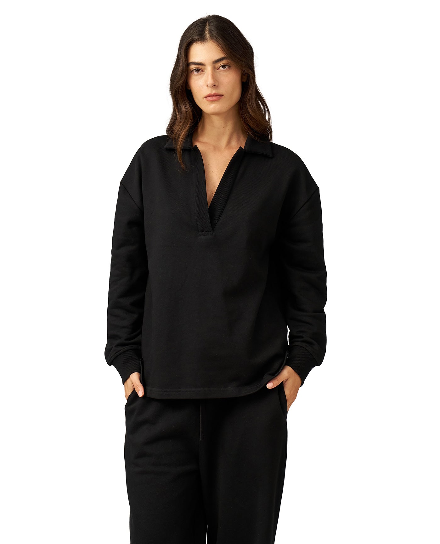 Cozy Coast Airport Collared V Neck Sweatshirt -Black