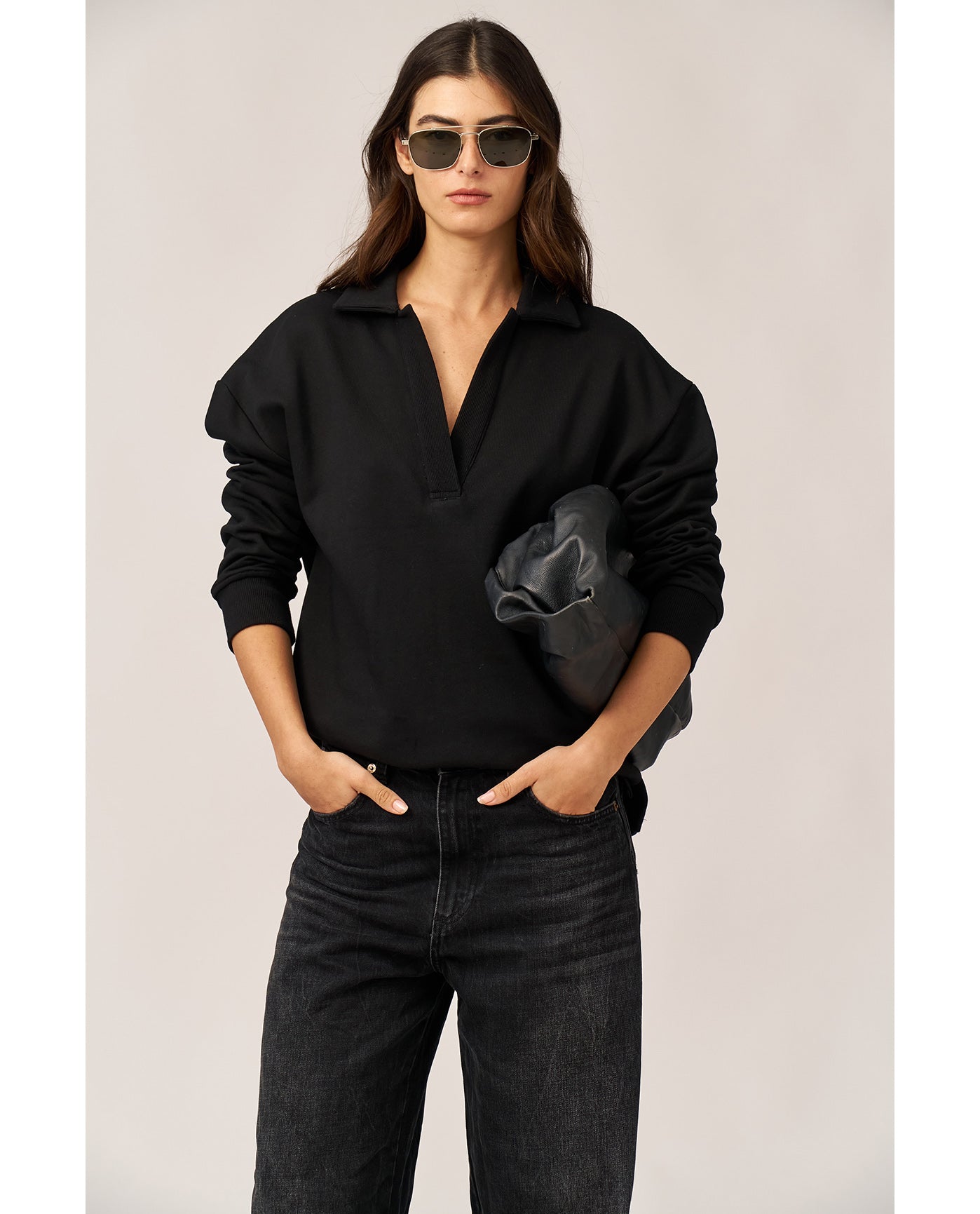 Cozy Coast Airport Collared V Neck Sweatshirt -Black