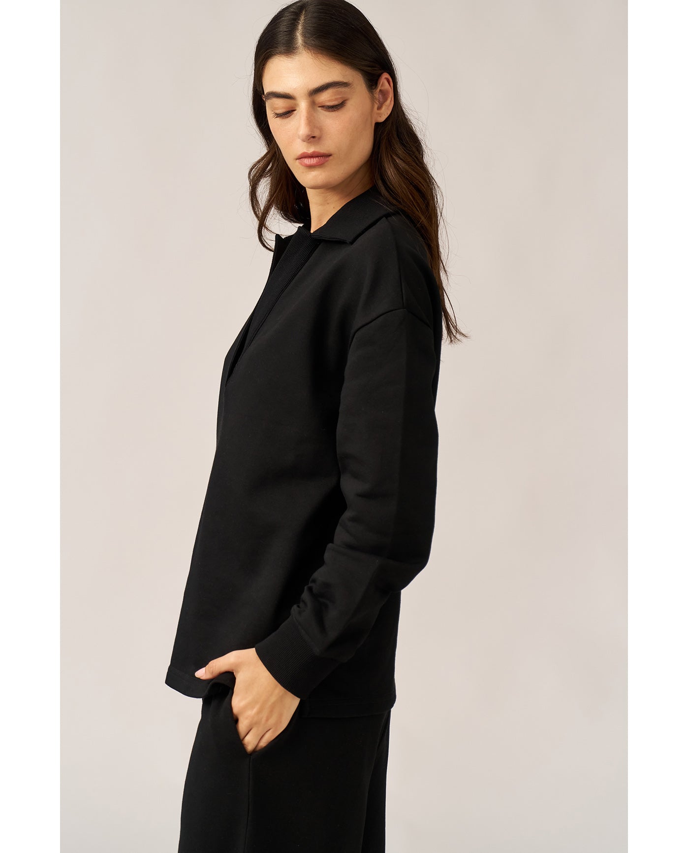 Cozy Coast Airport Collared V Neck Sweatshirt -Black
