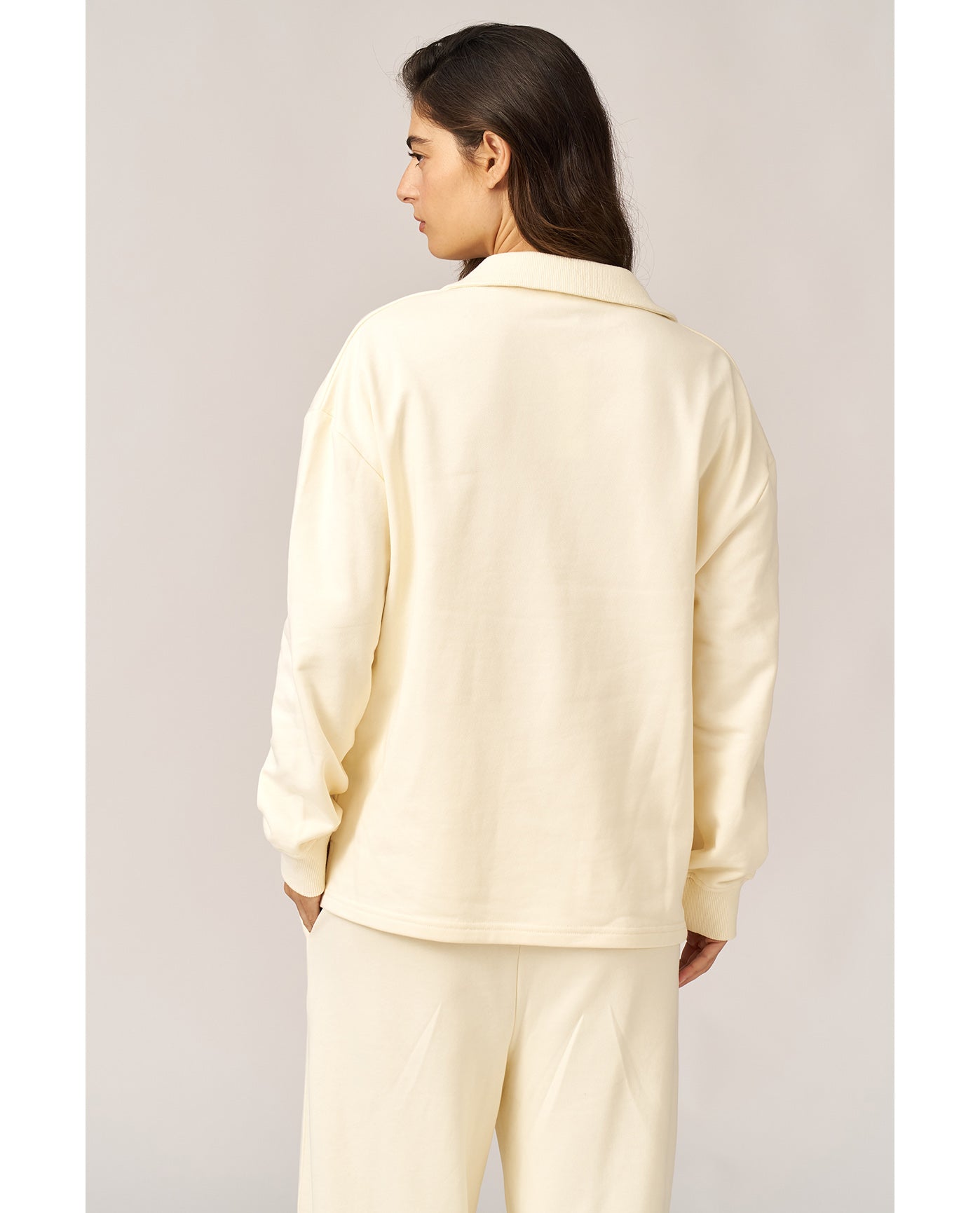 Cozy Coast Airport Collared V Neck Sweatshirt -Cream