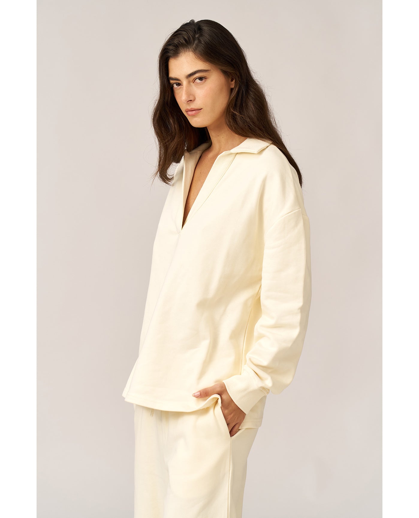 Cozy Coast Airport Collared V Neck Sweatshirt -Cream